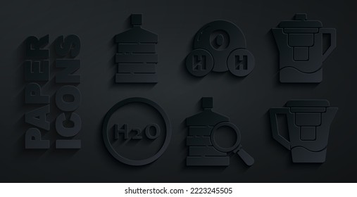 Set Big bottle with clean water, Water jug filter, Chemical formula for H2O,  and  icon. Vector
