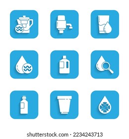 Set Big bottle with clean water, Water filter cartridge, Defrosting, Drop and magnifying glass, Bottle of, Recycle aqua, Glass and jug icon. Vector