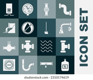 Set Big bottle with clean water, Industry metallic pipe, Water tap, meter, drop forbidden, Wastewater, Gas boiler burning fire and Mop icon. Vector