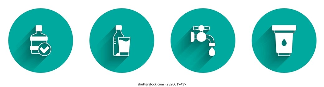 Set Big bottle with clean water, Bottle of glass, Water tap and filter cartridge icon with long shadow. Vector