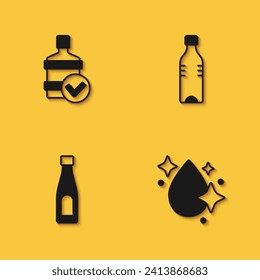 Colocar botella grande con agua limpia, gota de agua, botella de y icono con sombra larga. Vector