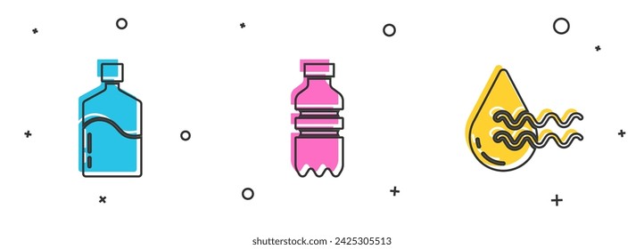 Set Botella grande con agua limpia, Botella de agua y reciclar el icono acuático. Vector