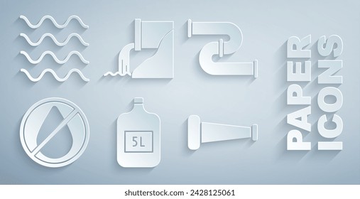 Set Große Flasche mit sauberem Wasser, Industrie-Metallrohr, Wassertropfen verboten, Abwasser und Wave-Symbol. Vektor