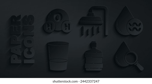 Set Big bottle with clean water, Recycle aqua, Glass, Drop and magnifying glass, Shower head and Chemical formula for H2O icon. Vector