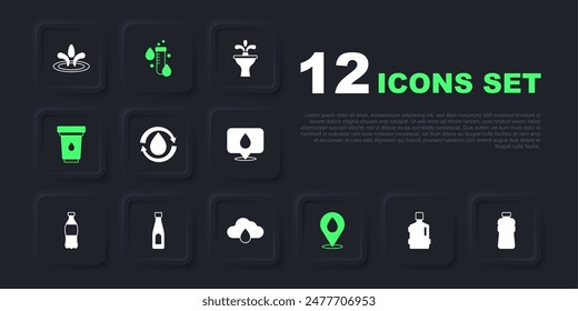 Set Botella grande con agua limpia, Botella de agua, Reciclar agua, Ubicación de la gota de agua, Cartucho del Filtrar, Tubo de prueba e Icono de lluvia de nubes. Vector