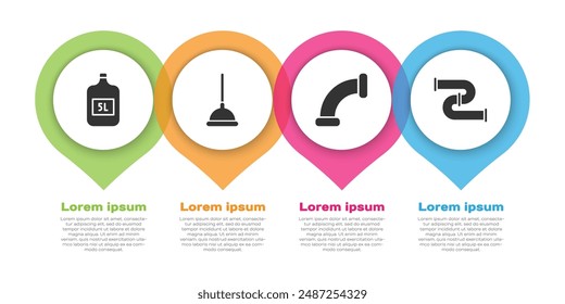Set Big bottle with clean water, Rubber plunger, Industry metallic pipe and Industry metallic pipe. Business infographic template. Vector