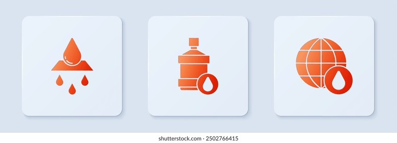 Set Gran botella con agua limpia, reciclar agua y planeta Tierra en gota. Botón cuadrado blanco. Vector