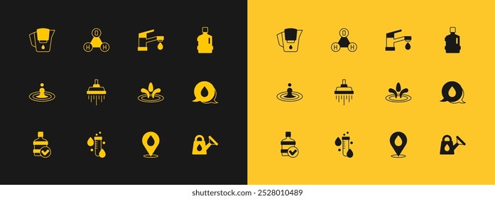 Set Big bottle with clean water, Test tube drop, Water, location, Shower, tap, jug filter and Chemical formula H2O icon. Vector