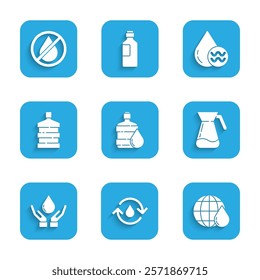 Set Big bottle with clean water, Recycle aqua, Earth planet in drop, Jug glass, Washing hands soap,  and Water forbidden icon. Vector