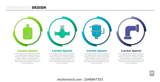 Set Big bottle with clean water, Industry pipe and valve, Electric boiler for heating water and Industry metallic pipe. Business infographic template. Vector