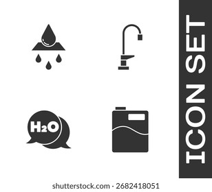 Set Große Flasche mit sauberem Wasser, Recycle aqua, Chemische Formel für H2O und Wasser-Wasserhahn-Symbol. Vektorgrafik