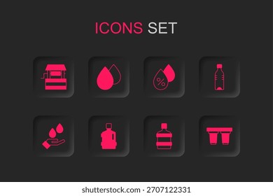 Set Botella grande con agua limpia, gota de agua, pozo, botella de, cartucho Filtrar, porcentaje e ícono de jabón de lavarse las manos. Vector