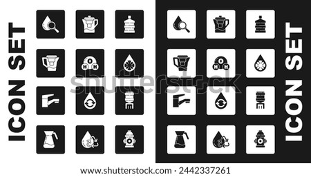 Set Big bottle with clean water, Chemical formula for H2O, Water jug filter, Drop and magnifying glass, Defrosting, cooler and tap icon. Vector