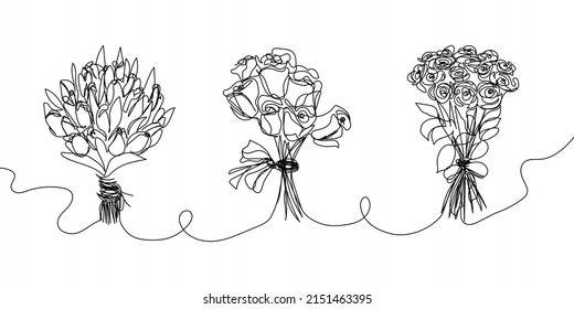 Conjunto de grandes ramos de traza continua de líneas. Una línea de arte de la decoración, flores, rosas, flores de jardín, floristería, romance, relación, amor, peonías, tulipanes, dahlias, claveles.