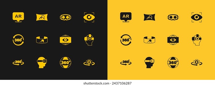 Set Big brother electronic eye, Virtual reality glasses, 360 degree view, Augmented AR and Wide angle picture icon. Vector
