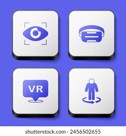 Set Big Brother elektronisches Auge, Virtual-Reality-Brille und 3D-Modeling-Symbol. Weißes quadratisches Button. Vektorgrafik