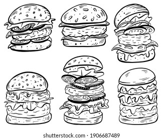 Set of big burgers hand drawn vector illustration sketch in retro style. Cartoon character flat vector illustration.