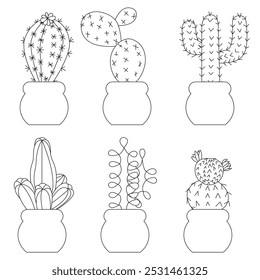 Conjunto de cactos grandes no estilo doodle. Ilustração vetorial isolada sobre fundo branco.