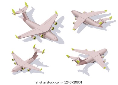 Set big cargo airplane for transportation, delivery by air. Concept collection urban modern delivery vehicle, plane, fly. Low poly. Isometric 3d vector illustration.