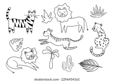 Set of big cat line doodle wild vector drawings. Predators african and safari animals hand drawings pack. illustrations EPS