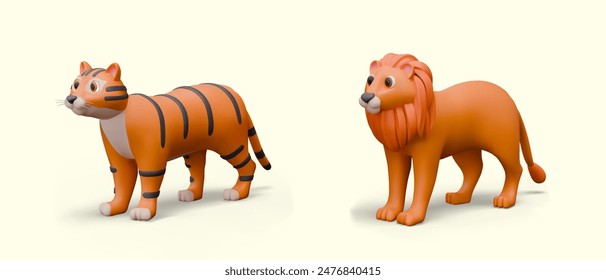 Set of big cats. Vector tiger and lion, side view. Orange predators in realistic style