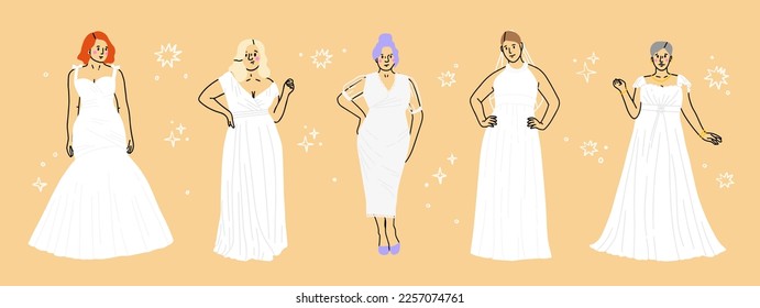 Conjunto de novias gordas con cuerpos bastante grandes. Diversas bellezas femeninas con figuras gordas curvadas. Moderna apariencia de novia. Mujeres de pie con vestido de novia blanco.Ilustración vectorial