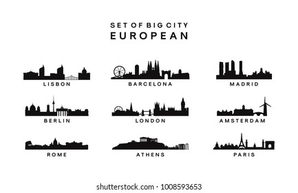 set of Big City European Skyline Silhouette vector template