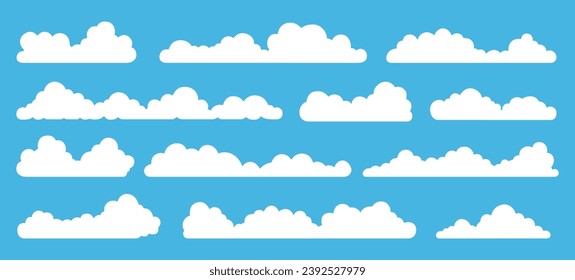 Set of Big Clouds. Cloud Icon. Different Shape White Clouds on Blue Background Vector Illustration.