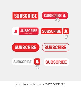 Set of big collection Subscribe button with hand click icon. Subscribe, bell button and hand cursor bundle. Red button subscribe to channel, blog. Social media background. subscribe button bundle.