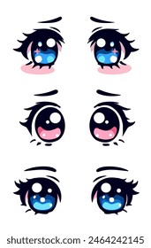 Conjunto de grandes ojos brillantes anime lindo sobre un fondo blanco. Colección de Elementos de estilo manga para diseño de personajes. 