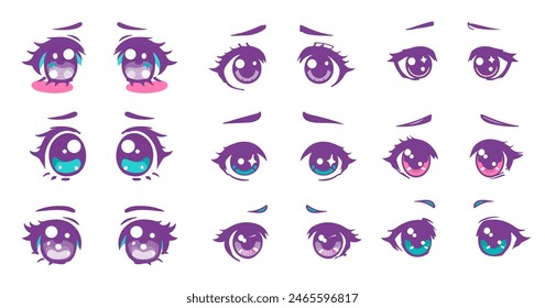 Conjunto de grandes ojos lindos de carácter anime. Colección de Elementos de estilo manga para diseño de personajes.