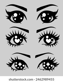 Set of big cute shiny eyes of anime retro character, isolated on a grey background. Collection of manga black and white elements for personage design.