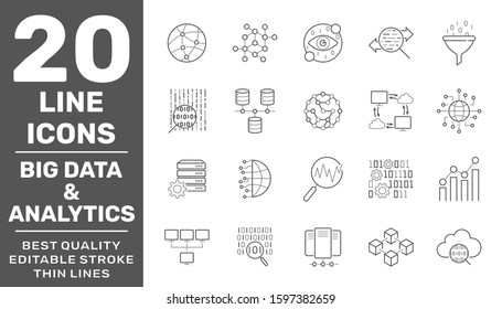Set of big data and data analytics icon set. Related technology vector line Icons. Contains such Icons as Cloud Computing, Traffic Analysis, Big Data, IoT and more. Editable Stroke. EPS 10