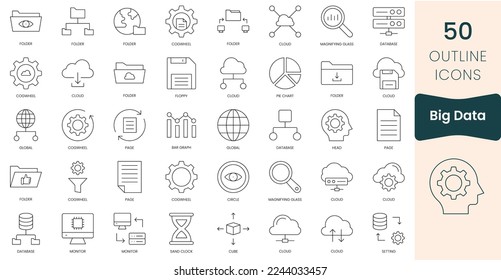 Conjunto de iconos de big data. Paquete de iconos de contorno delgado. Ilustración del vector