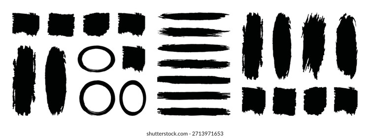  Set Big of different ink brush strokes rectangle, square and round freehand drawings. grunge ink stamp circles, square shape border background. Grunge style border and frames design.