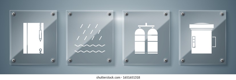 Set Big flashlight para buceo, Aqualung, Lluvia y olas y libro de notas submarinas y lápiz. Paneles de vidrio cuadrado. Vector