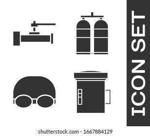 Set Big flashlight for diver, Industry metallic pipes and valve, Glasses and cap for swimming and Aqualung icon. Vector