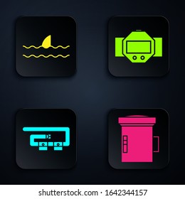 Set Big flashlight for diver, Shark fin in ocean wave, Diving belt and Diving watch. Black square button. Vector