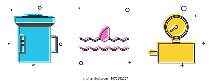 Establecer una gran linterna para buceador, aleta de tiburón en el icono de la ola oceánica y escala de los indicadores. Vector