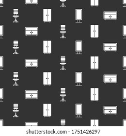 Set Big full length mirror, Chest of drawers, Office chair and Wardrobe on seamless pattern. Vector