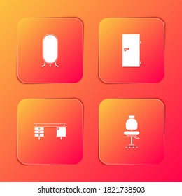 Set Big full length mirror, Closed door, Office desk and chair icon. Vector.