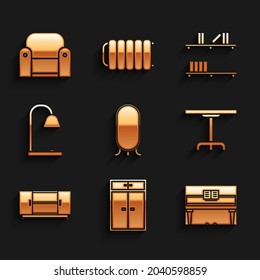 Set Big full length mirror, Wardrobe, Grand piano, Round table, TV stand, Table lamp, Shelf with books and Armchair icon. Vector