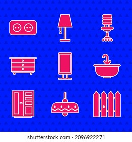 Set Big full length mirror, Chandelier, Garden fence wooden, Washbasin with water tap, Wardrobe, Chest of drawers, Office chair and Electrical outlet icon. Vector