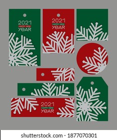set big gray snowflakes on red and green background:
eight tags of different shapes with new year greetings, vector