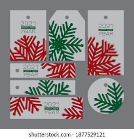 set big green and red snowflakes on gray background:
seven tags of different shapes with new year greetings, vector