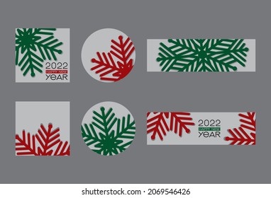 set big green and red snowflakes on gray background:
two squares, two circles and two strips with new year greetings, vector