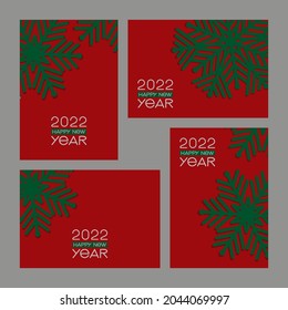 set big green snowflakes on red background:
four cards with new year greetings, vector