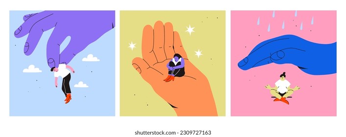 Set of big hands and small people. Giant hand holding and covering tiny persons. Psychological help, support, calmness, assistance concept. Hand drawn Vector isolated illustrations