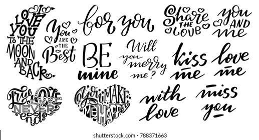 Set of Big hearts with lettering about Love, typography poster for Valentines Day, cards, prints.