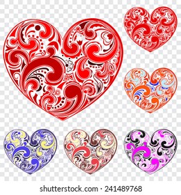 Set of big hearts made of curls in various colors
